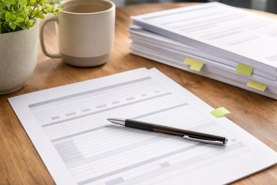 Paper forms, pen, and completed documents on a warm desk