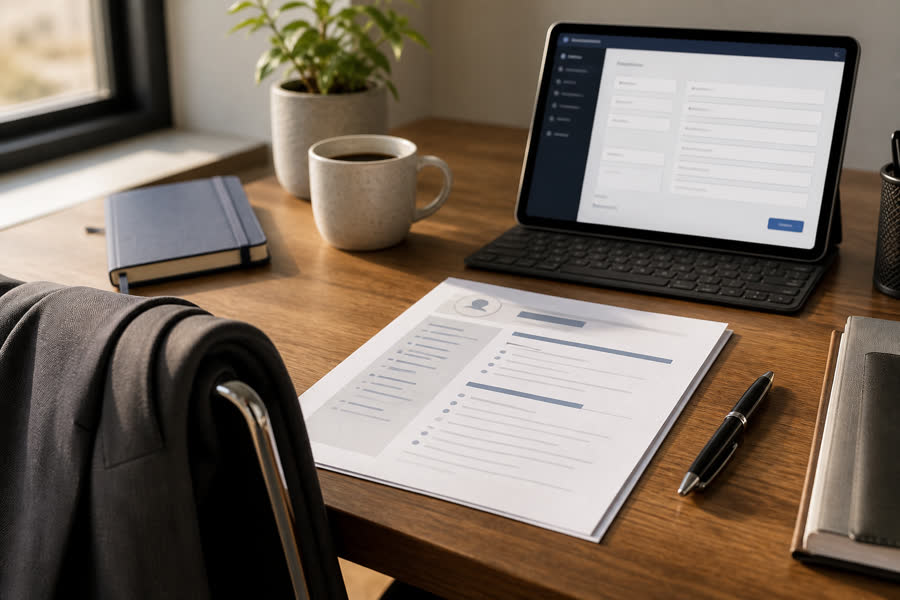Job application paperwork and desk