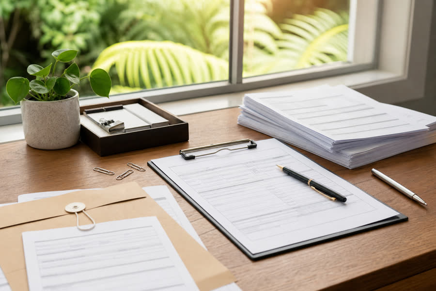 Clipboard, envelope, and official-looking paperwork for New Zealand forms